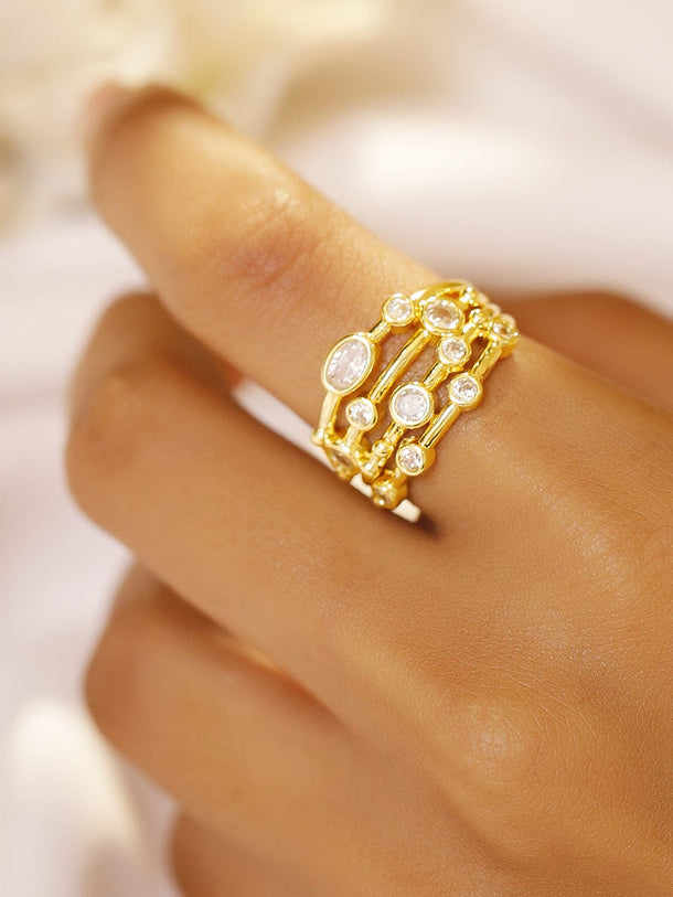 Rubans 18K Gold-Plated AD Studded Multi-Band Classic Statement Adjustable Ring Rings