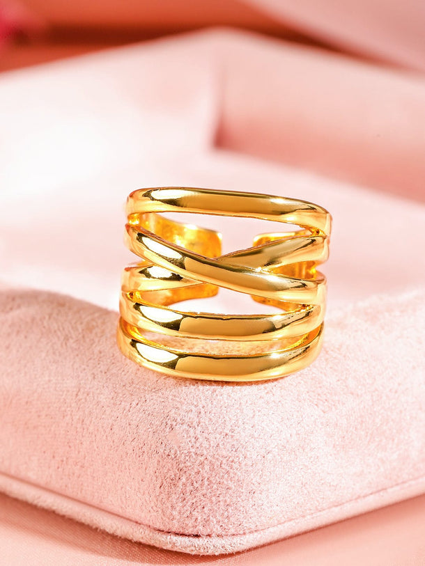 Rubans 18K Gold-Plated Adjustable Criss-Cross Statement Ring for Women Finger Ring