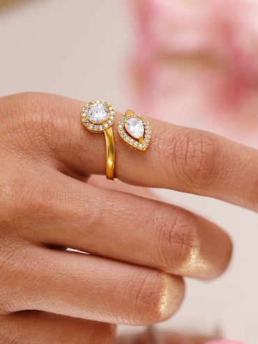 Rubans 18K Gold-Plated Adjustable Dual-Stone Open Ring with Cubic Zirconia Halo Detailing Rings
