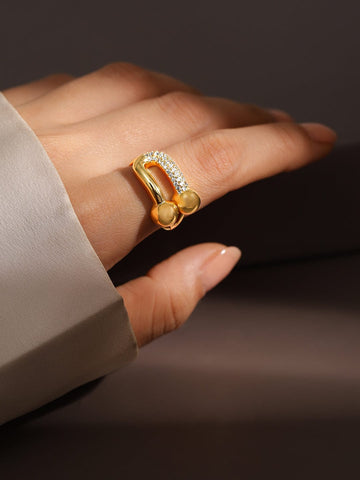 Rubans 18K Gold Plated Adjustable Finger Ring with Textured Dual Beads & CZ Accents Finger Ring