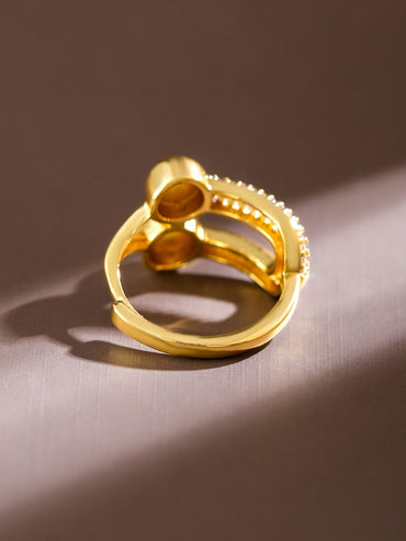 Rubans 18K Gold Plated Adjustable Finger Ring with Textured Dual Beads & CZ Accents Rings