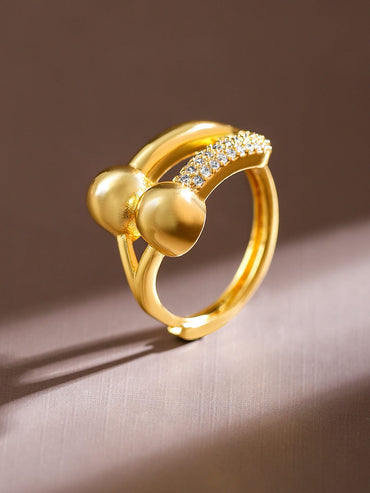 Rubans 18K Gold Plated Adjustable Finger Ring with Textured Dual Beads & CZ Accents Rings
