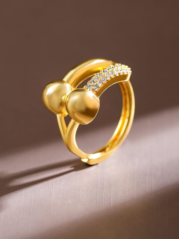 Rubans 18K Gold Plated Adjustable Finger Ring with Textured Dual Beads & CZ Accents Rings