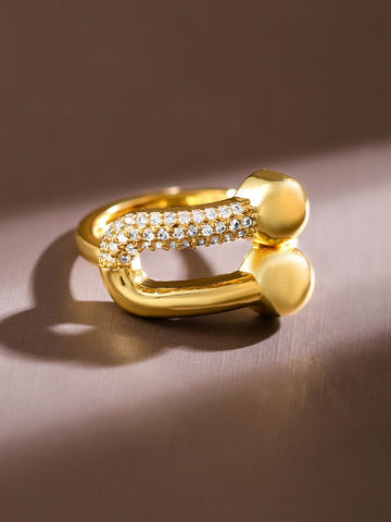 Rubans 18K Gold Plated Adjustable Finger Ring with Textured Dual Beads & CZ Accents Rings