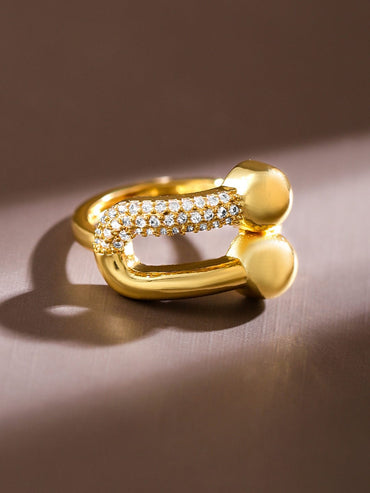 Rubans 18K Gold Plated Adjustable Finger Ring with Textured Dual Beads & CZ Accents Rings