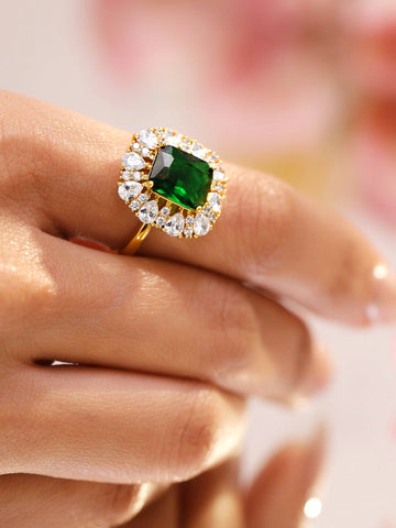 Rubans 18K Gold-Plated Adjustable Ring with Emerald Green Stone & Cubic Zirconia Halo Rings