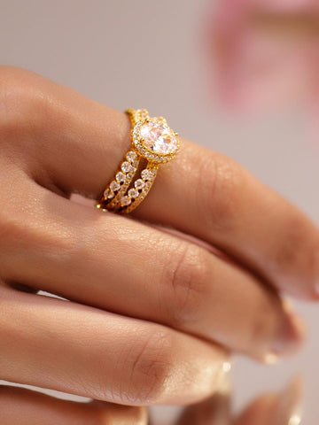 Rubans 18K Gold-Plated Adjustable Ring with White AD & Cubic Zirconia Triple Band Design Rings