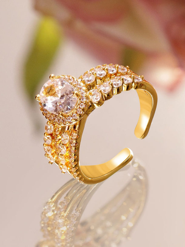 Rubans 18K Gold-Plated Adjustable Ring with White AD & Cubic Zirconia Triple Band Design Rings