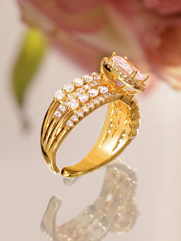 Rubans 18K Gold-Plated Adjustable Ring with White AD & Cubic Zirconia Triple Band Design Rings