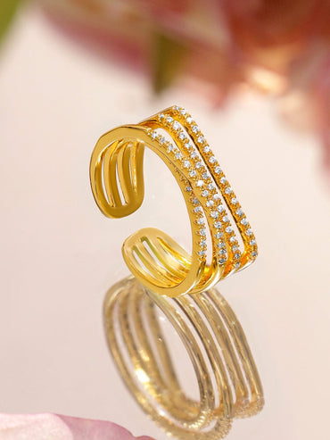 Rubans 18K Gold-Plated Adjustable Triple Row Crystal-Studded Open Statement Ring Rings