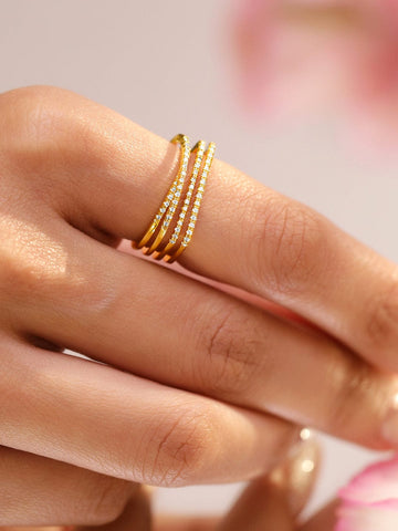 Rubans 18K Gold-Plated Adjustable Triple Row Crystal-Studded Open Statement Ring Rings