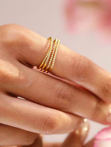 Rubans 18K Gold-Plated Adjustable Triple Row Crystal-Studded Open Statement Ring Rings