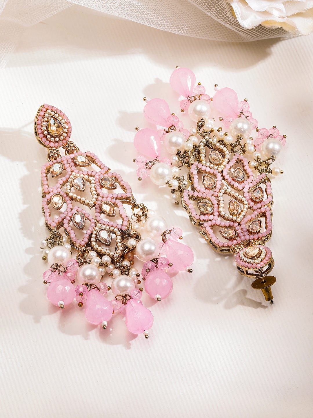 Rubans 18K Gold-Plated Baby Pink Kundan & Pearl Studded Handcrafted Long Chandelier Earrings Earrings