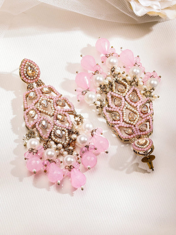 Rubans 18K Gold-Plated Baby Pink Kundan & Pearl Studded Handcrafted Long Chandelier Earrings Earrings