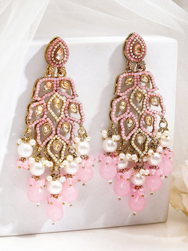 Rubans 18K Gold-Plated Baby Pink Kundan & Pearl Studded Handcrafted Long Chandelier Earrings Earrings