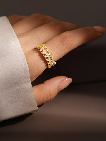 Rubans 18K Gold-Plated Baguette & Cubic Zirconia Studded Adjustable Openable Ring Finger Ring