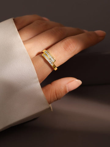 Rubans 18K Gold-Plated Baguette Cubic Zirconia Studded Adjustable Openable Ring Finger Ring