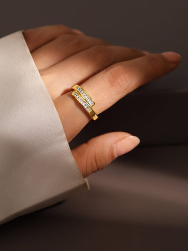 Rubans 18K Gold-Plated Baguette Cubic Zirconia Studded Adjustable Openable Ring Rings