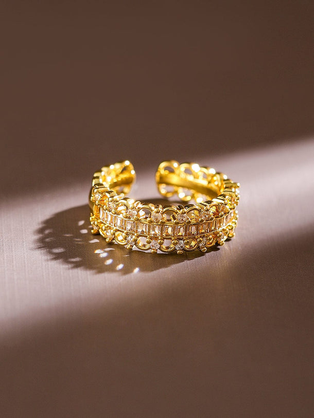 Rubans 18K Gold-Plated Baguette & Cubic Zirconia Studded Adjustable Openable Ring Rings