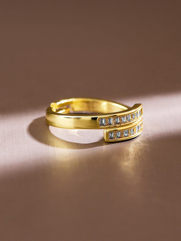 Rubans 18K Gold-Plated Baguette Cubic Zirconia Studded Adjustable Openable Ring Rings