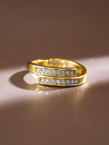 Rubans 18K Gold-Plated Baguette Cubic Zirconia Studded Adjustable Openable Ring Rings
