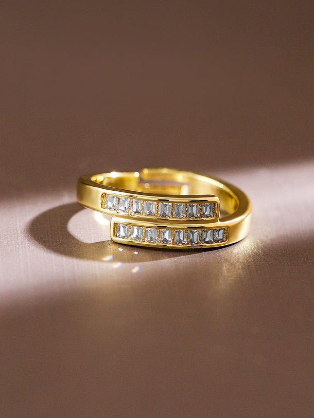 Rubans 18K Gold-Plated Baguette Cubic Zirconia Studded Adjustable Openable Ring Rings