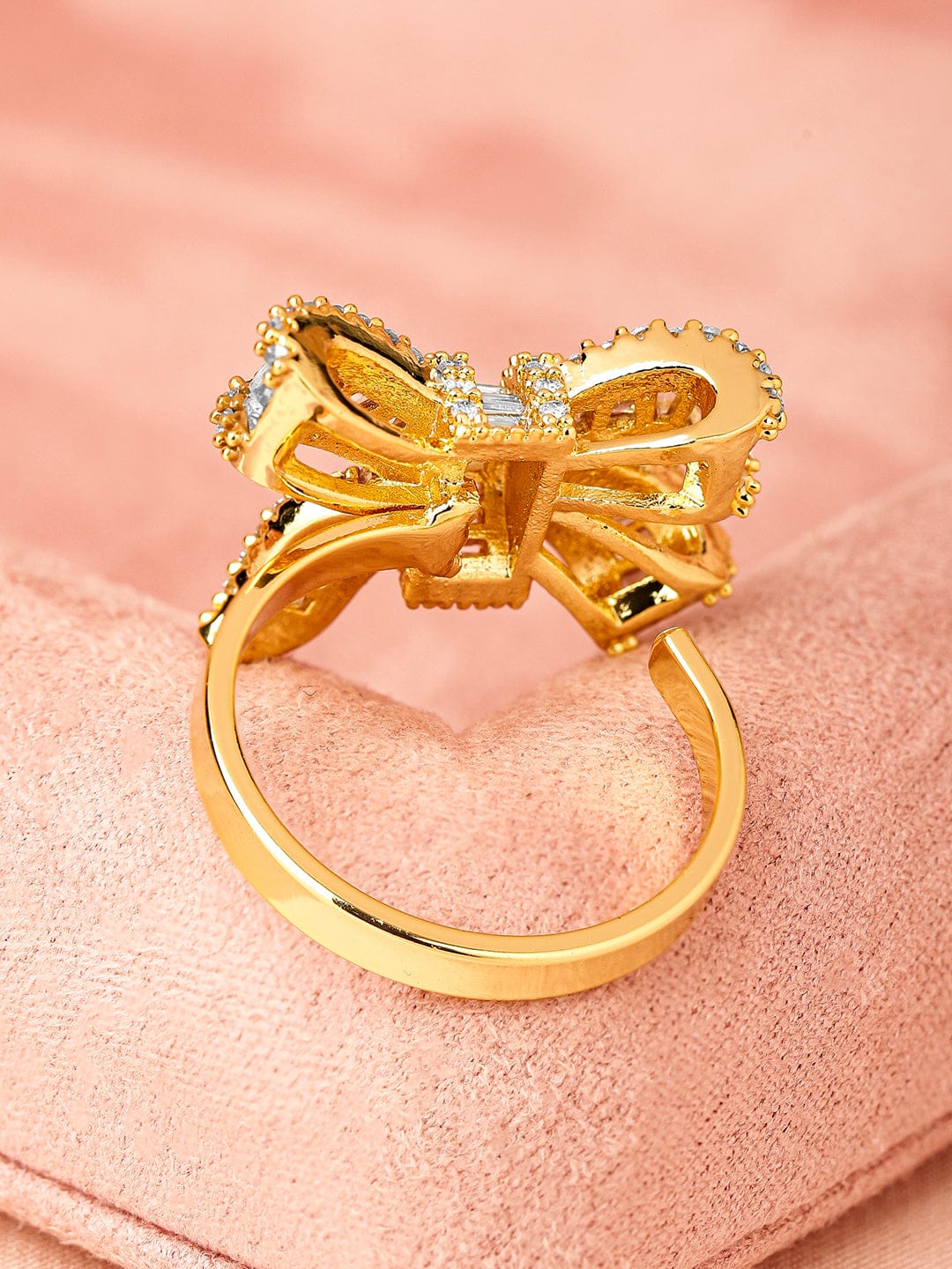 Rubans 18K Gold-Plated Baguette-Cut Cubic Zirconia Bow Design Adjustable Statement Ring Rings