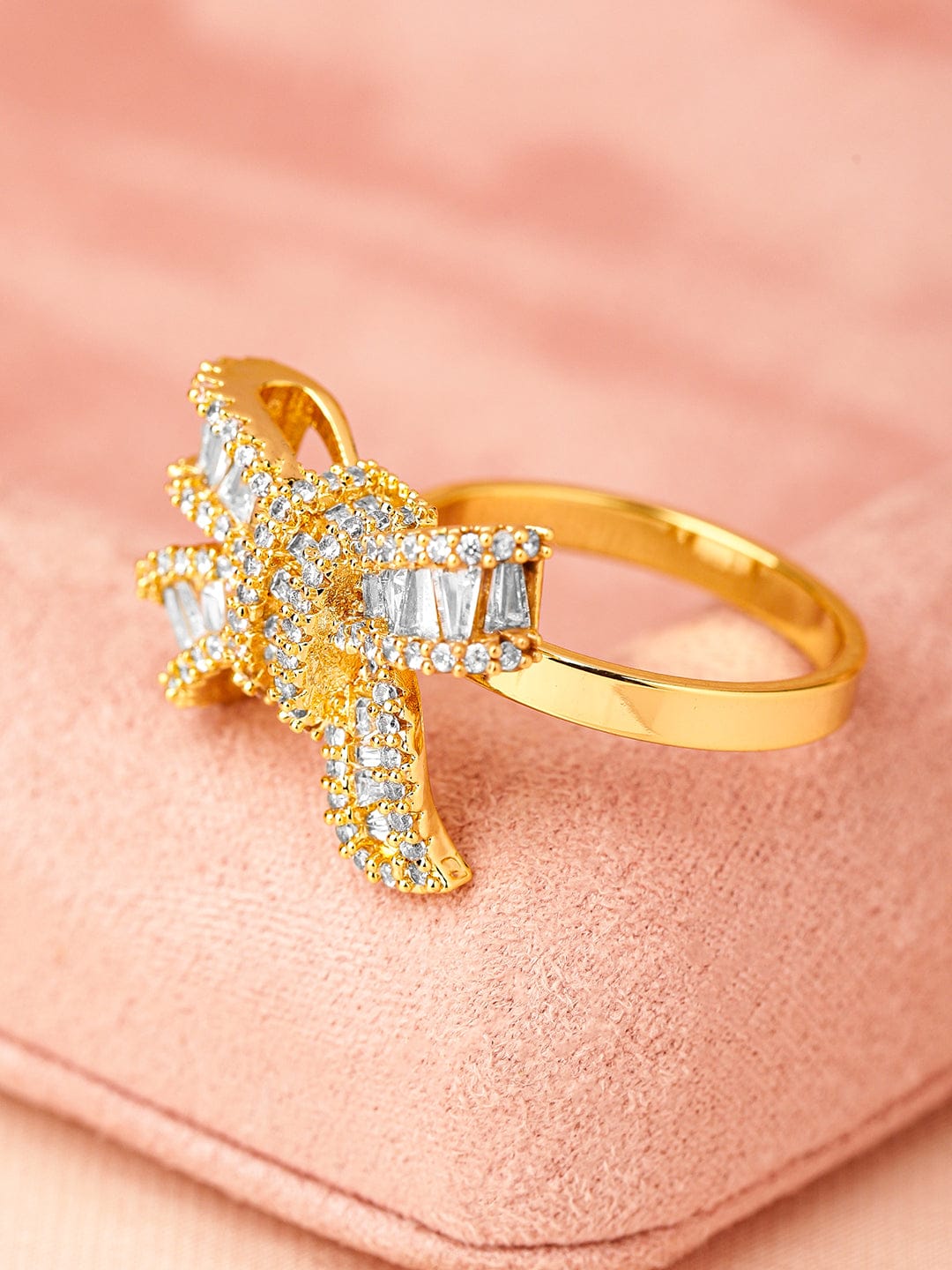 Rubans 18K Gold-Plated Baguette-Cut Cubic Zirconia Bow Design Adjustable Statement Ring Rings