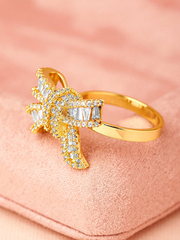 Rubans 18K Gold-Plated Baguette-Cut Cubic Zirconia Bow Design Adjustable Statement Ring Rings