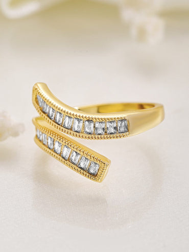 Rubans 18K Gold Plated Baguette-Cut Cubic Zirconia Studded Adjustable Finger Ring Rings