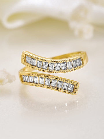 Rubans 18K Gold Plated Baguette-Cut Cubic Zirconia Studded Adjustable Finger Ring Rings