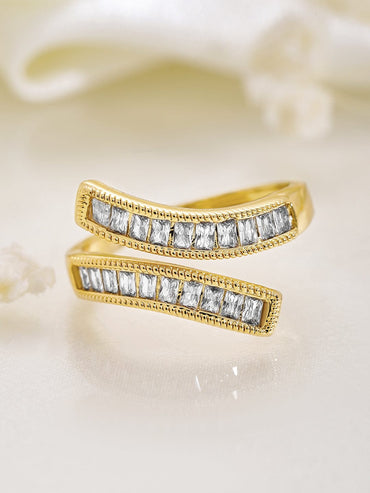 Rubans 18K Gold Plated Baguette-Cut Cubic Zirconia Studded Adjustable Finger Ring Rings