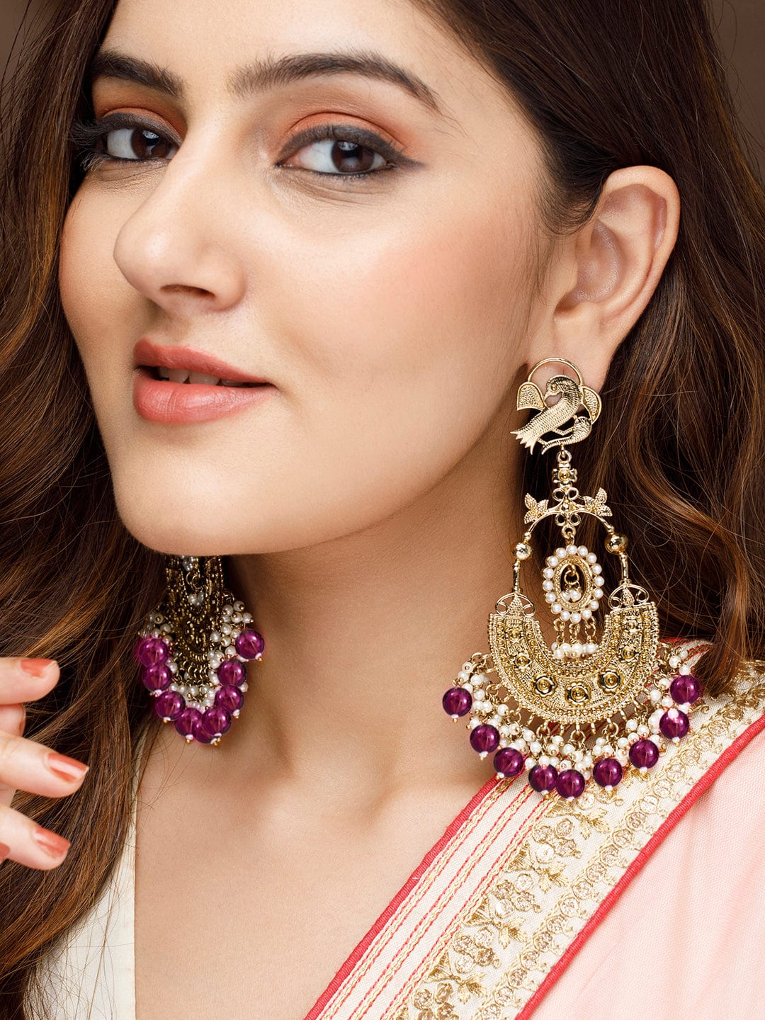 Rubans 18K Gold-Plated Big Chandbali Earrings with Deep Magenta Beads and Pearl Accents Chandbali Earrings