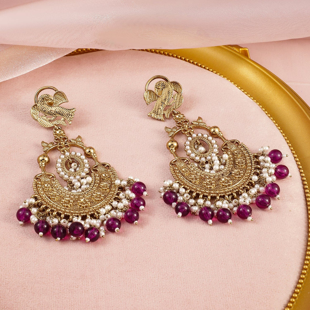 Rubans 18K Gold-Plated Big Chandbali Earrings with Deep Magenta Beads and Pearl Accents Chandbali Earrings