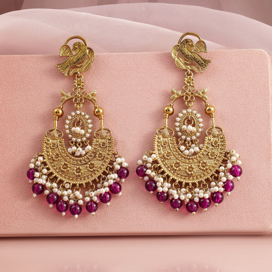 Rubans 18K Gold-Plated Big Chandbali Earrings with Deep Magenta Beads and Pearl Accents Chandbali Earrings