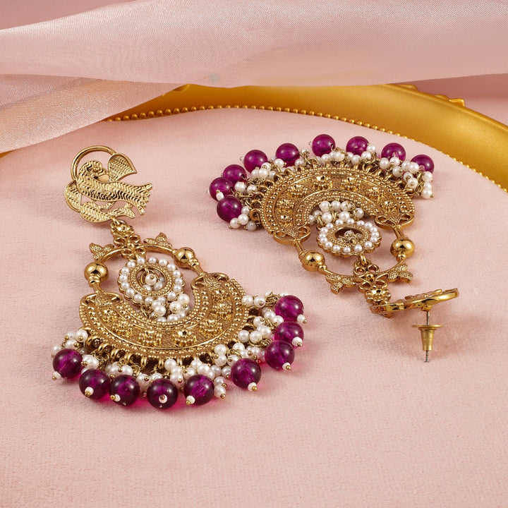 Rubans 18K Gold-Plated Big Chandbali Earrings with Deep Magenta Beads and Pearl Accents Chandbali Earrings