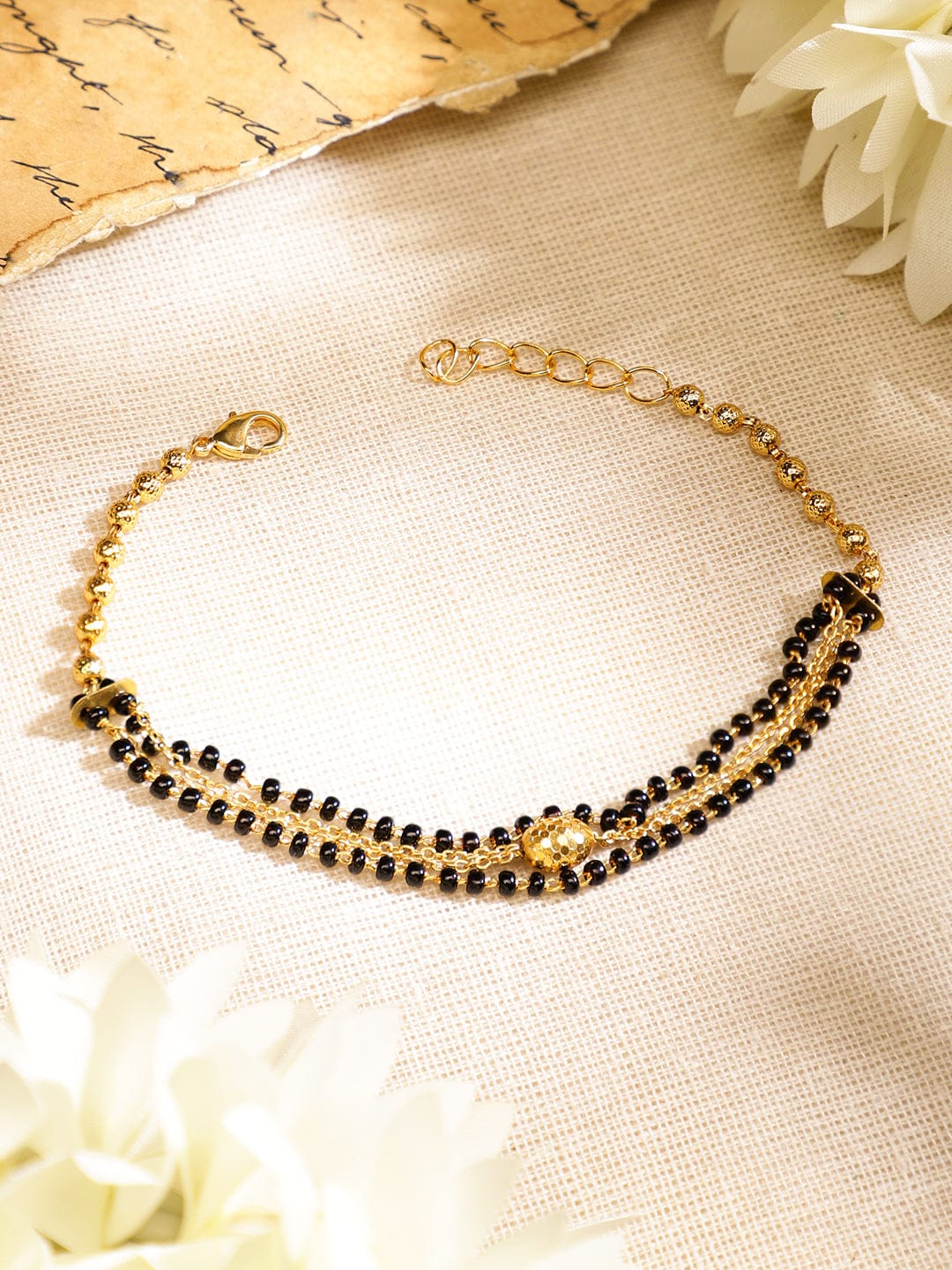 Rubans 18K Gold-Plated Black Beaded & Golden Chain Mangalsutra Bracelet for Women Mangalsutra