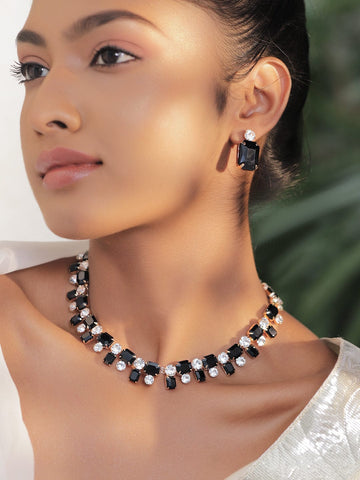 Rubans 18K Gold-Plated Black Crystal AD & White Cubic Zirconia Studded Necklace Set Necklace Set