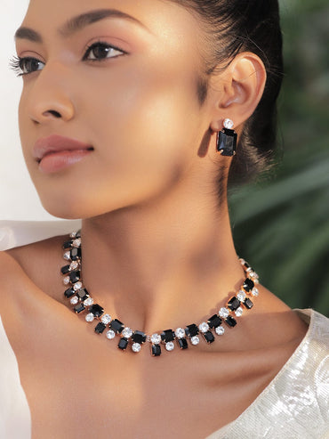Rubans 18K Gold-Plated Black Crystal AD & White Cubic Zirconia Studded Necklace Set Necklace Set