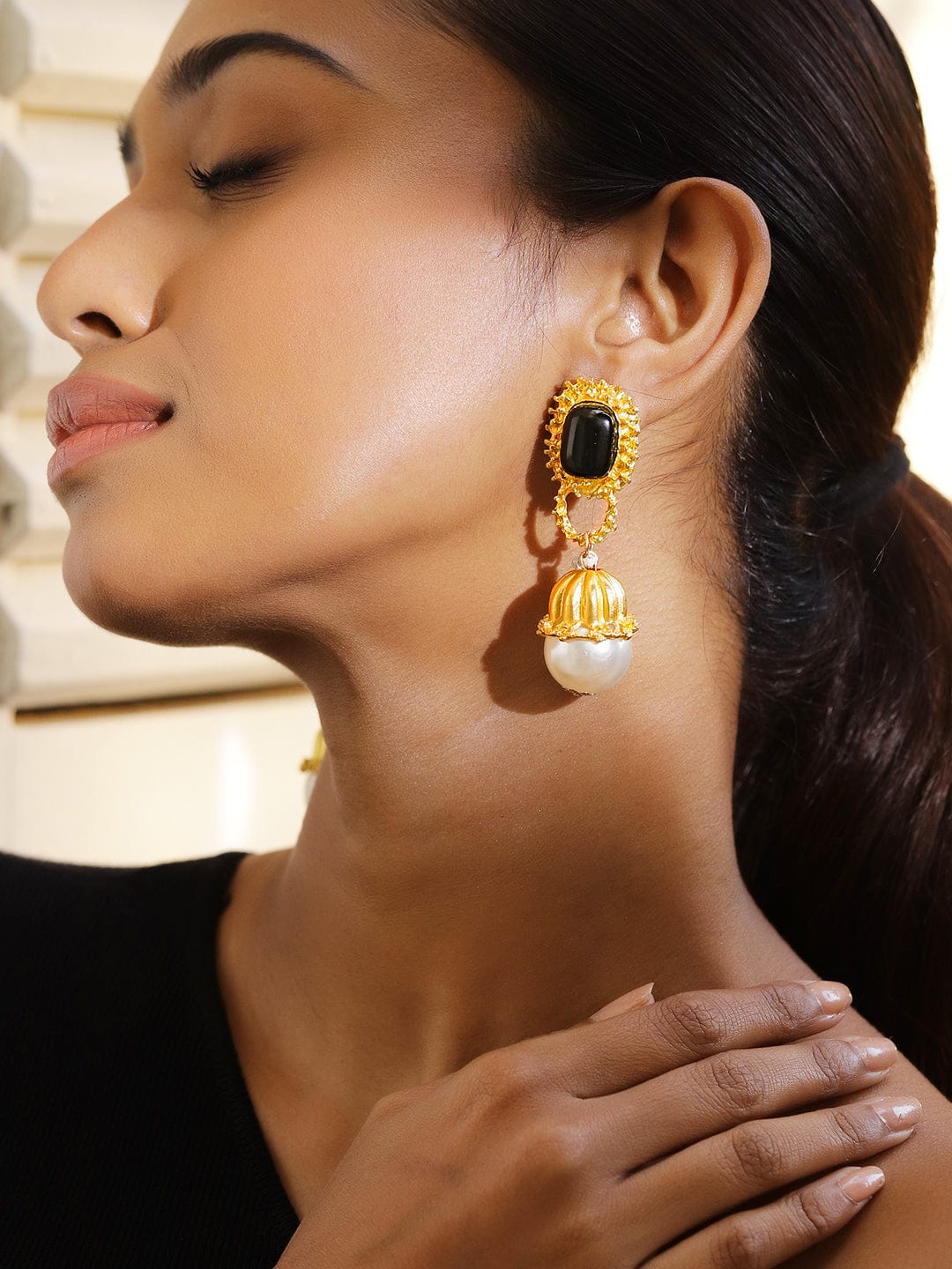Rubans 18K Gold-Plated Black & Pearl Beaded Drop Earrings Earrings