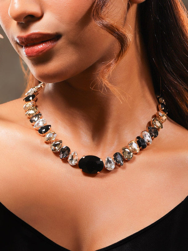 Rubans 18K Gold-Plated Black & Smoky Crystal Zirconia Statement Necklace for a Bold Look Jewellery Set