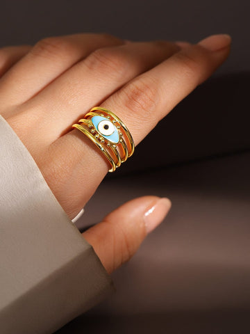 Rubans 18K Gold-Plated Blue Enamel Evil Eye Openable Adjustable Statement Ring Finger Ring