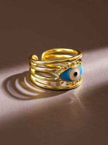 Rubans 18K Gold-Plated Blue Enamel Evil Eye Openable Adjustable Statement Ring Rings