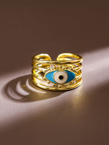 Rubans 18K Gold-Plated Blue Enamel Evil Eye Openable Adjustable Statement Ring Rings