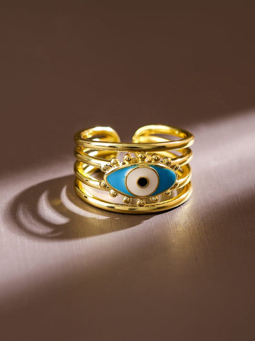 Rubans 18K Gold-Plated Blue Enamel Evil Eye Openable Adjustable Statement Ring Rings