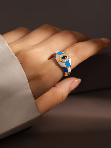 Rubans 18K Gold-Plated Blue & White Enamel and  Sapphire Cubic Zirconia Adjustable Ring Finger Ring