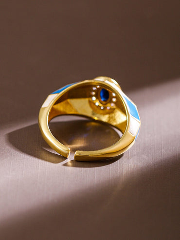 Rubans 18K Gold-Plated Blue & White Enamel and  Sapphire Cubic Zirconia Adjustable Ring Rings