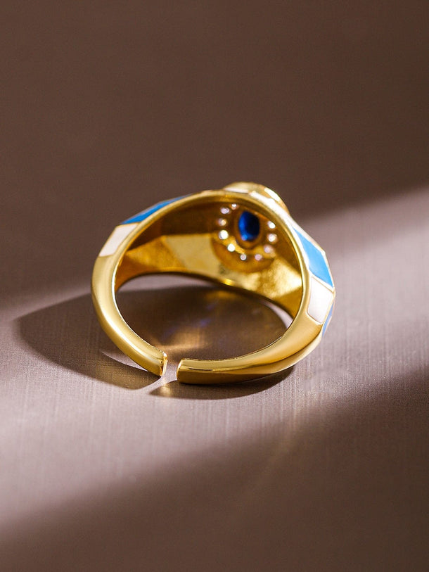 Rubans 18K Gold-Plated Blue & White Enamel and  Sapphire Cubic Zirconia Adjustable Ring Rings