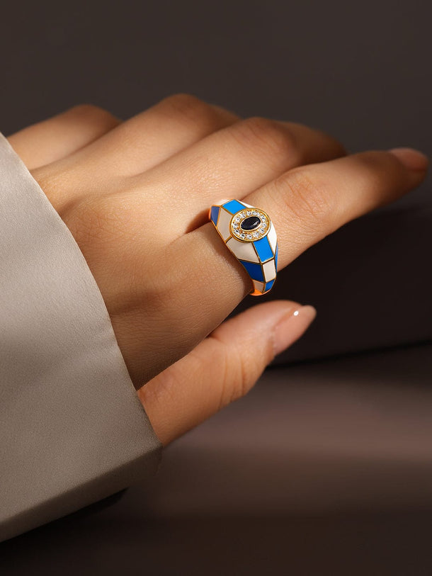 Rubans 18K Gold-Plated Blue & White Enamel and  Sapphire Cubic Zirconia Adjustable Ring Rings