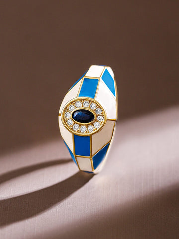 Rubans 18K Gold-Plated Blue & White Enamel and  Sapphire Cubic Zirconia Adjustable Ring Rings